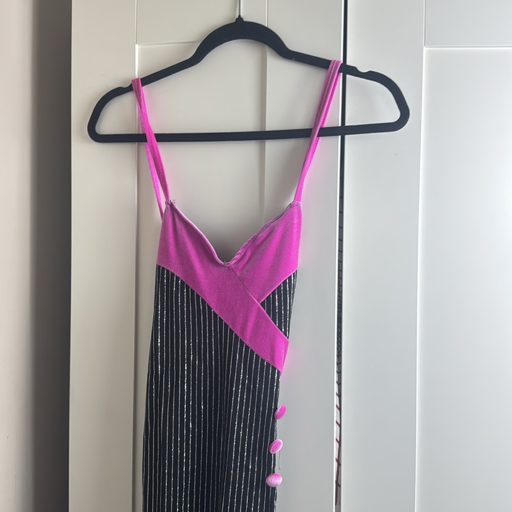 Flapper Dress Glitter Mob Pin Stripe Side Slit : Pink Black & Silver Medium / M - Picture 2 of 9